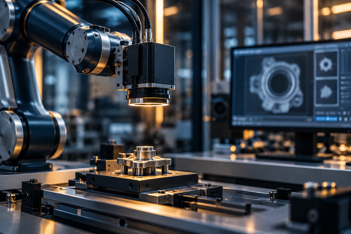Robotic arm with machine vision inspecting a manufactured component