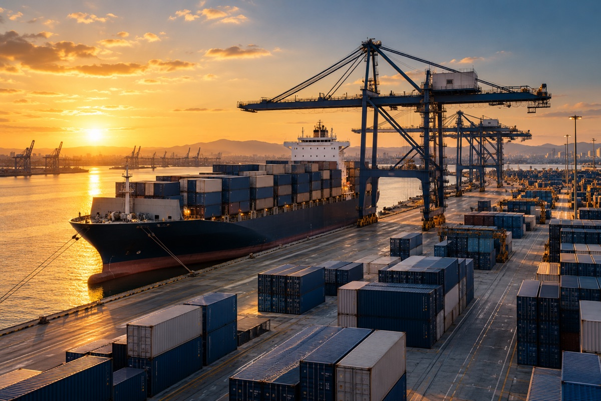 Container ship and port cranes at sunset, illustrating international trade