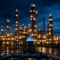 Oil and gas refinery at dusk with a gas flame