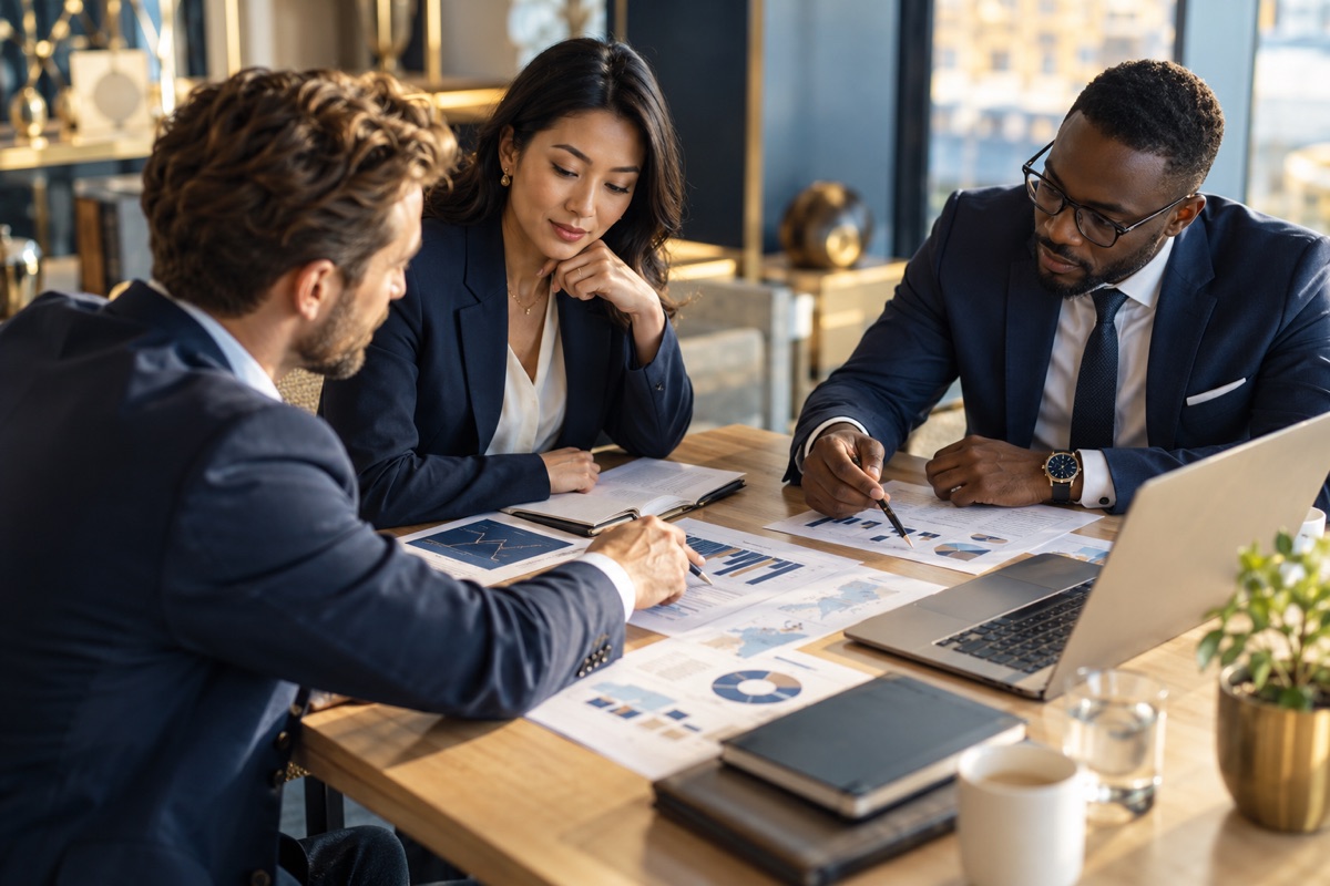 Consultants reviewing project plans together at a table